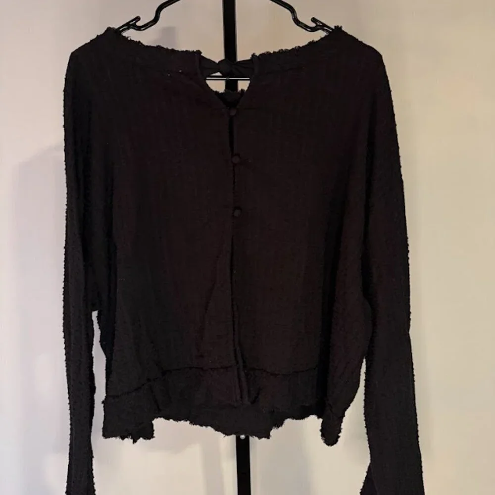 Free People Black Textured Long Sleeve Blouse